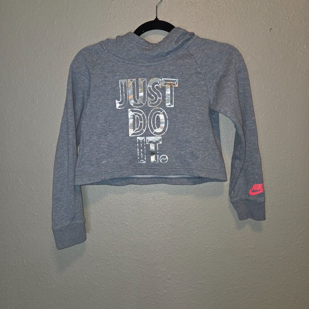 Nike Girls Gray Cropped Hoodie Medium Metallic Just Do It Silver Hot Pink Logo